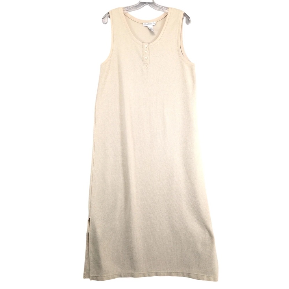 Vintage 90s Claudia D Beige Tank Maxi Dress Sz L Textured Knit Resort Scandi